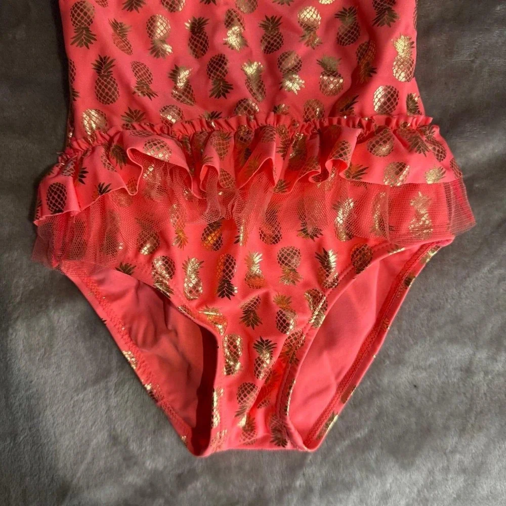 Real Love girls size 3T one piece swim suit coral gold pineapples ruffles